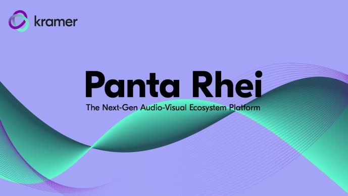 Kramer banner for Panta Rhei, a next-gen audio-visual ecosystem, with teal and green waves on a purple background.