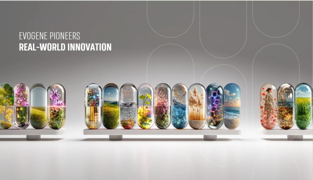Row of glass capsules on white stands, each containing a miniature landscape or plant scene beneath a soft gradient background.
