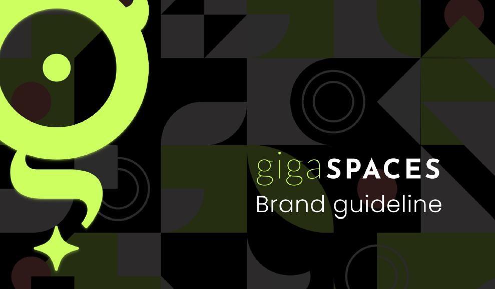 Abstract geometric banner with dark green and black squares and circles, lime-green decorative shapes, and the text “gigaSPACES Brand guideline” indicating a brand guideline cover.