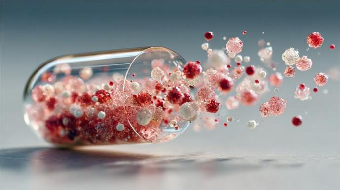 Open capsule spilling red and white granules across a reflective surface menagerie of particles