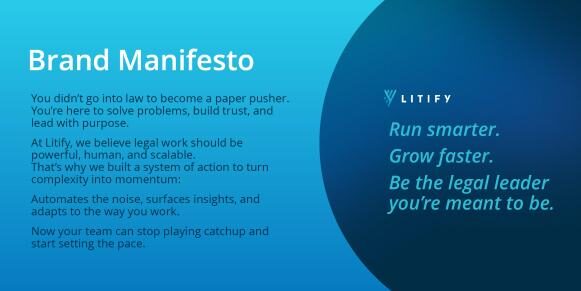 Blue gradient hero with two-column layout: left column reads 'Brand Manifesto' with a paragraph about solving problems and improving legal work; right side features a dark blue circular shape with the Litify logo and the slogan 'Run smarter. Grow faster. Be the legal leader you’re meant to be.'