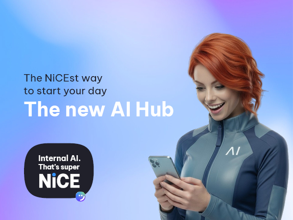 Woman in a blue AI suit smiles while looking at her phone against a blue-purple gradient background; text announces 'The NiCEst way to start your day The new AI Hub' with the 'Internal AI: That's super NiCE' logo.