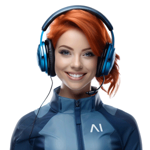 Smiling woman with red hair wearing a blue headset and matching jacket, facing the camera.